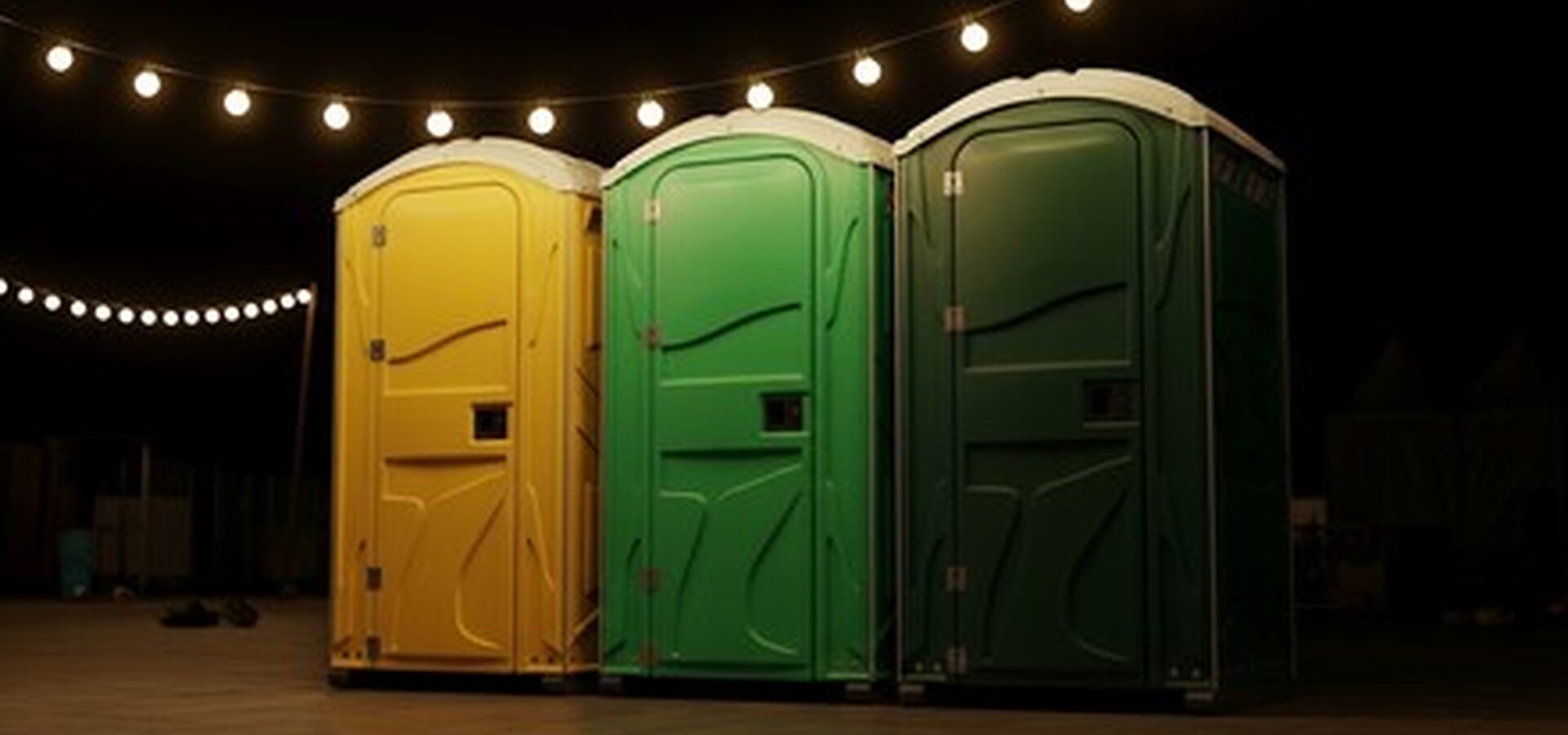 Wedding portable restrooms strung with warm lights at an evening reception